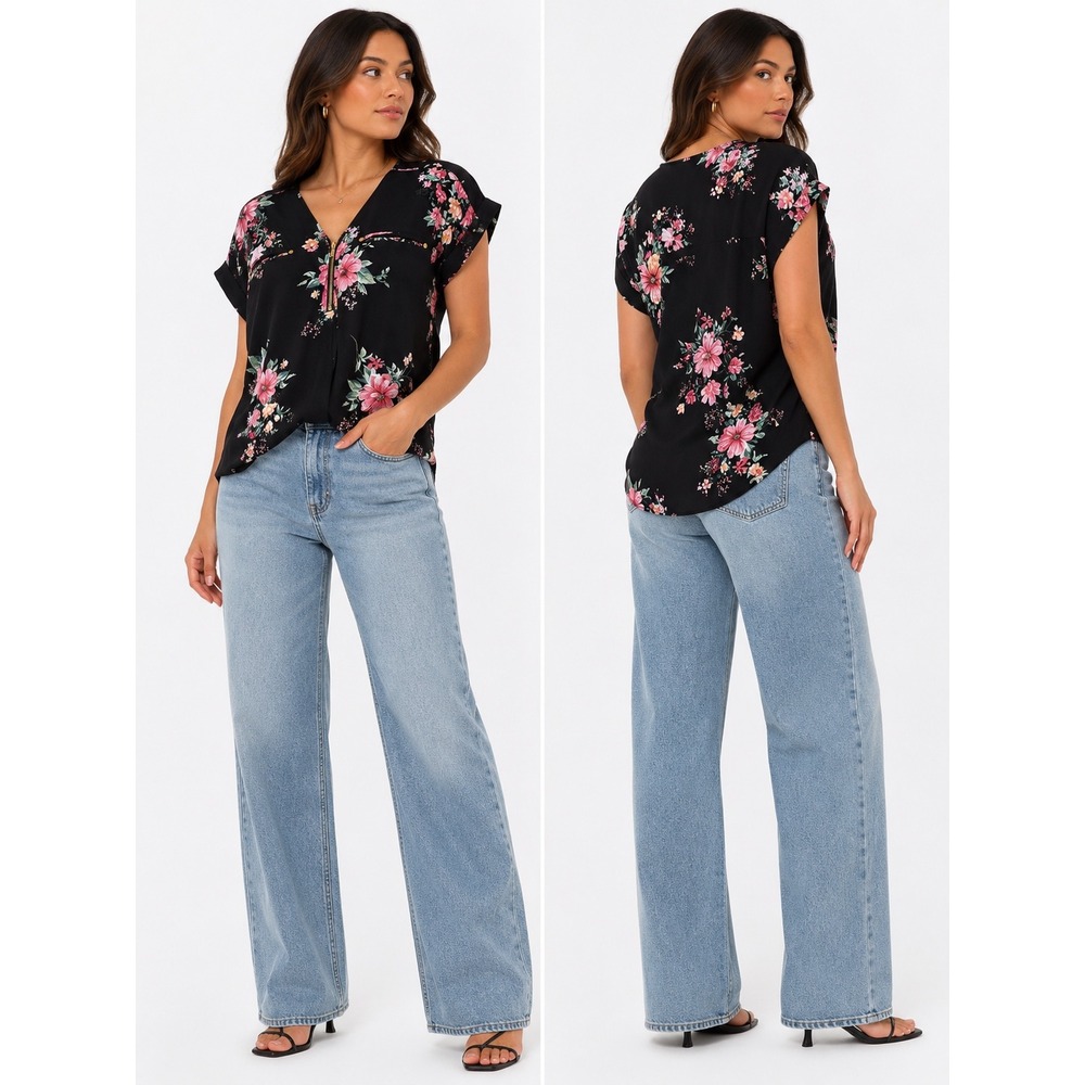 Sweet Wanderer Maternity Top Women Large Black Floral Ruched Quarterβ Zip Blouse